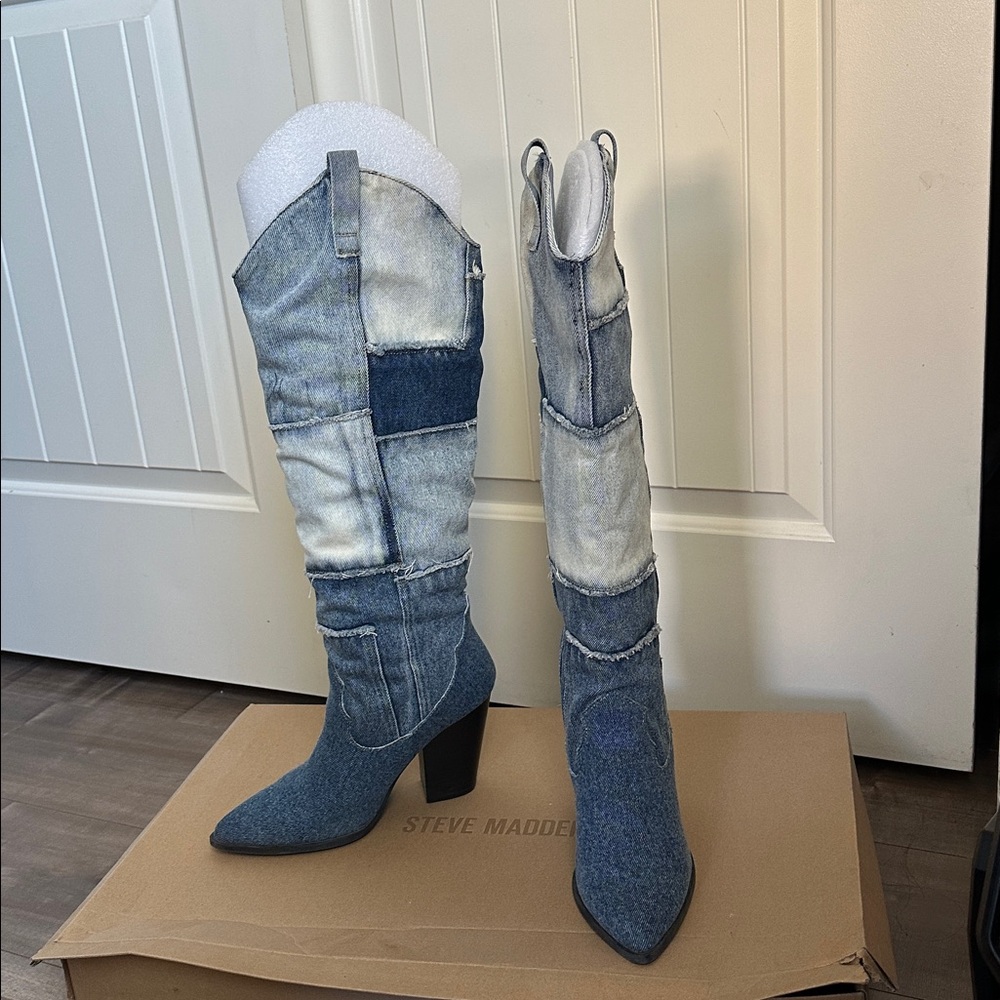 Steve Madden Blue Patchwork Knee-High Cowgirl Boo… - image 1